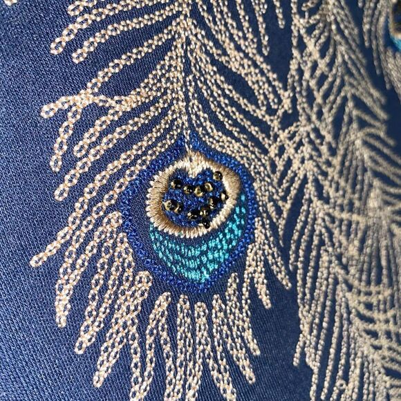 Peacock embroidered 3/4 sleeve blouse navy blue sz medium women - Picture 5 of 10